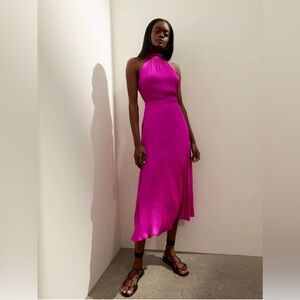 Banana Republic Soft Satin Fuchsia Midi Dress Size 6P NWT